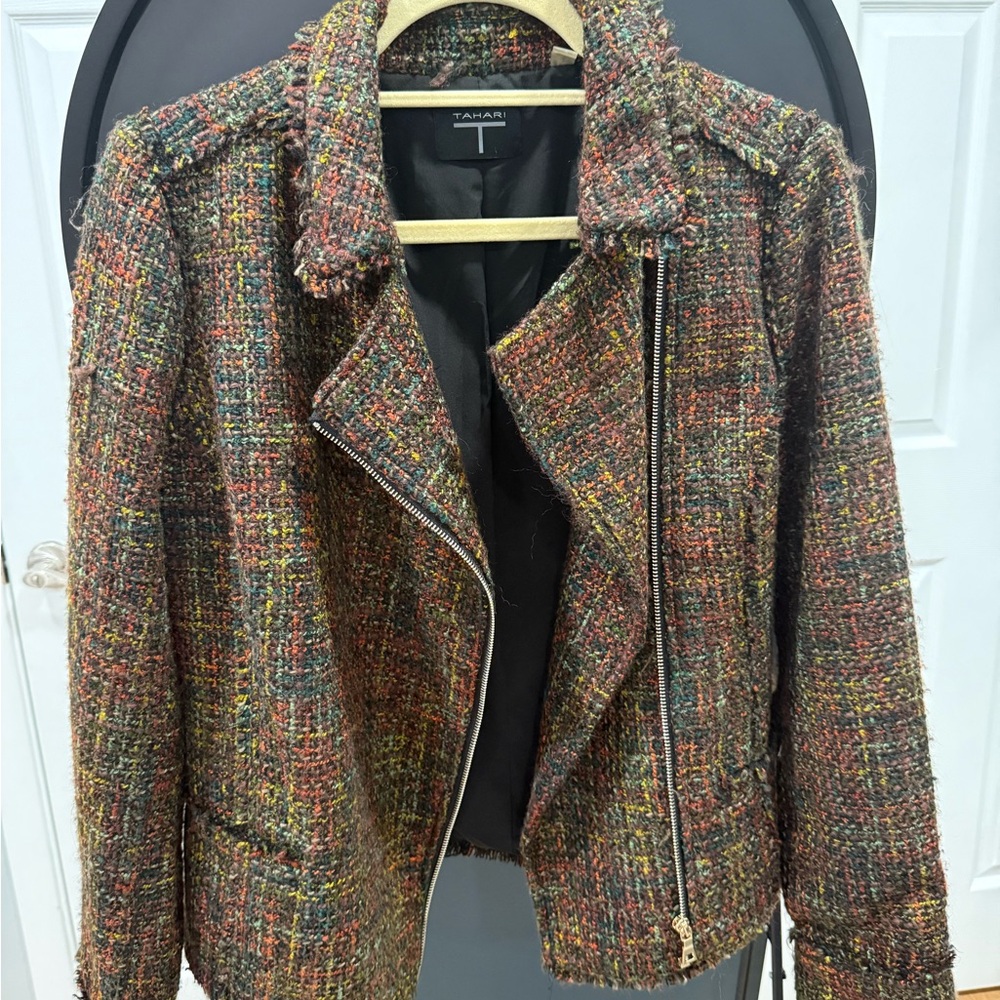 Multi-colored Tweed Blazer with Asymmetrical Design and Notched Lapel